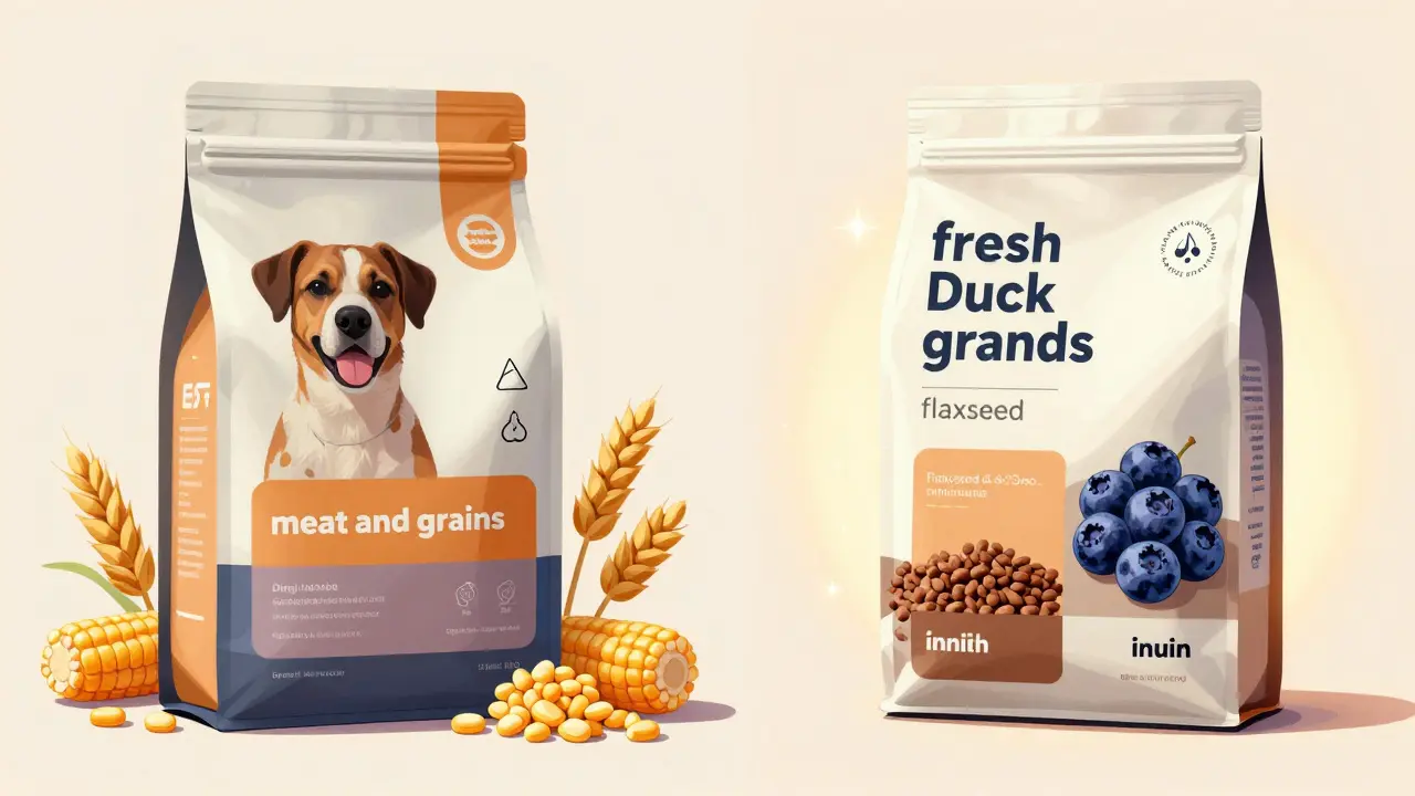 Сравнение дешёвого и качественного корма: неясные ингредиенты против прозрачного состава.