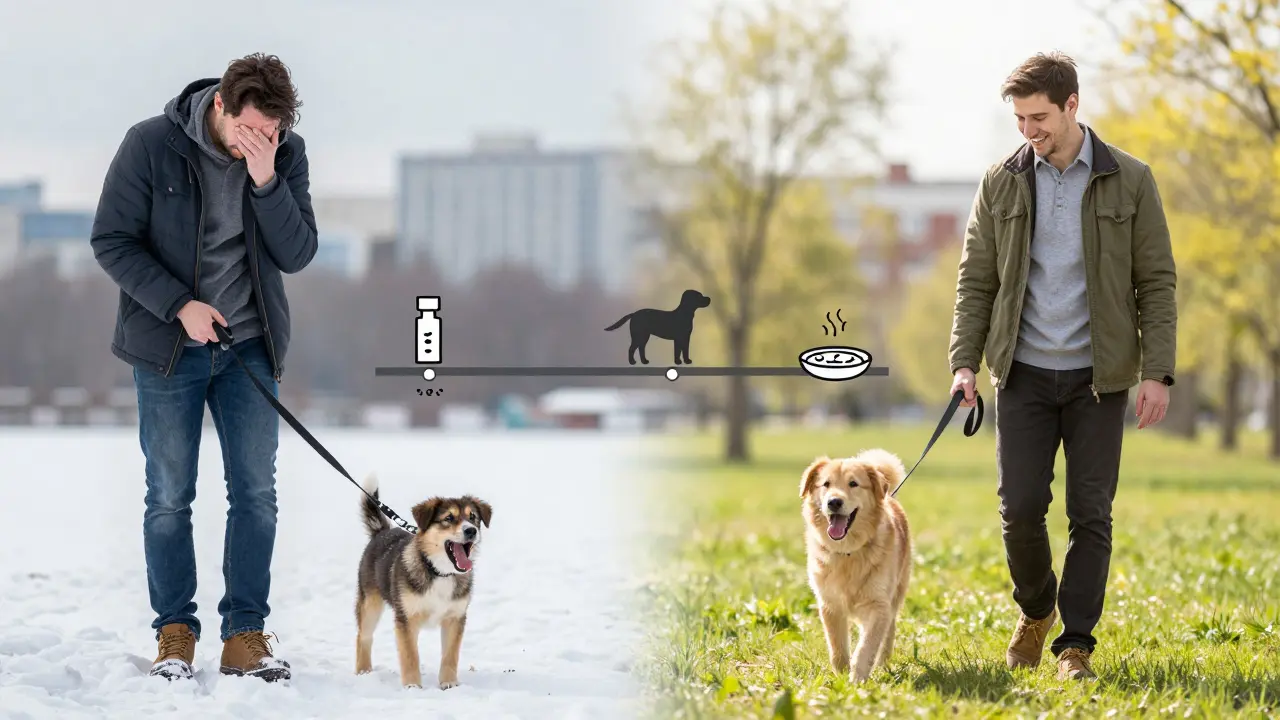 Сравнение зимнего и весеннего времени для щенка: холод и стресс против тепла и радости.