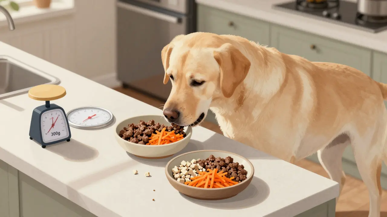 Средняя собака получает два сбалансированных кормления в день с мясом и овощами.