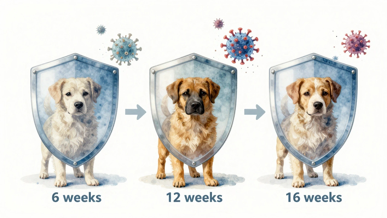 Три защитных щита, формирующихся у щенка в возрасте 6, 12 и 16 недель.