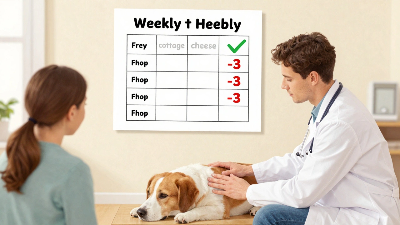 Ветеринар объясняет владельцу правильный график кормления собаки.