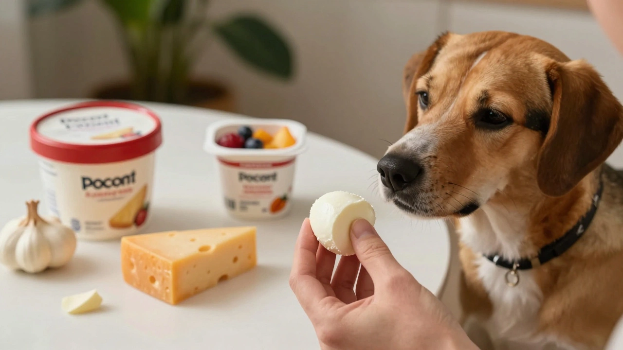 Владелец даёт собаке сыр, рядом лежат запрещённые молочные продукты.