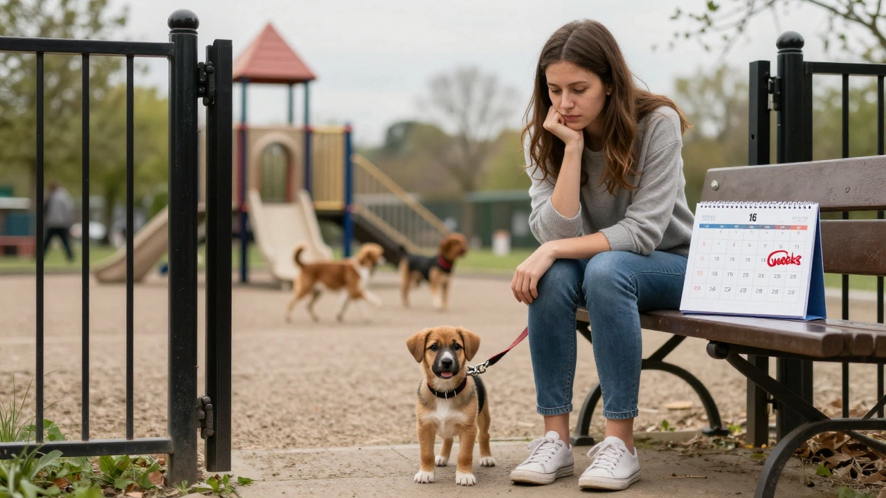 Владелец с щенком у ворот парка, календарь показывает 16 недель.