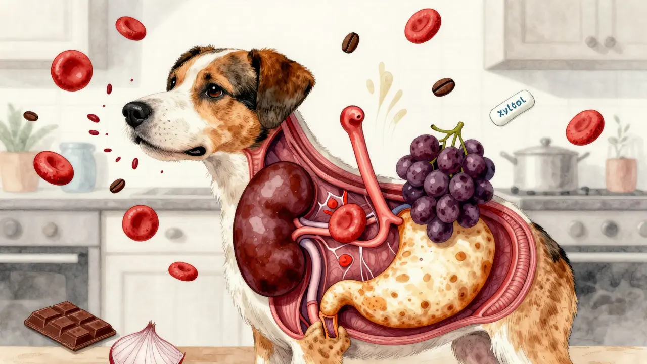 Внутреннее строение собаки с визуализацией токсинов: лук разрушает кровь, виноград поражает почки, дрожжи раздувают желудок.