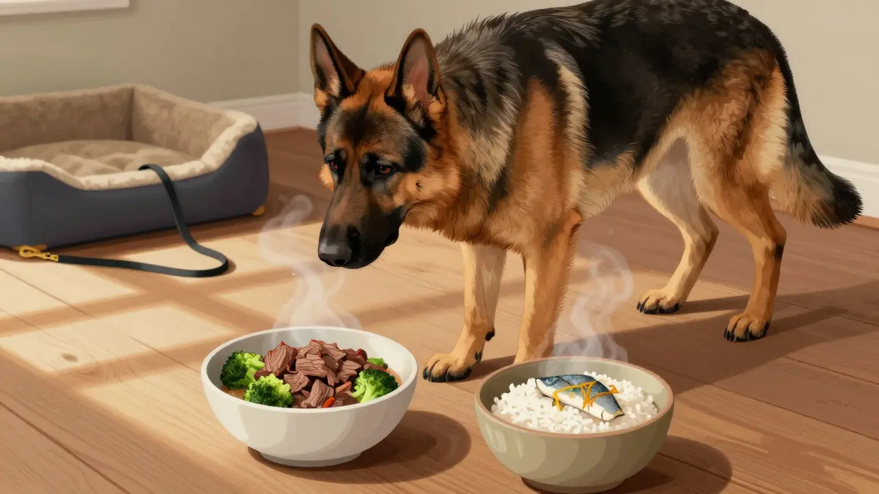 Взрослая немецкая овчарка стоит у двух мисок с натуральной едой утром и вечером.