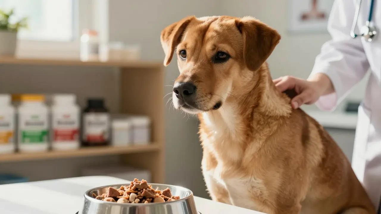 Здоровая собака с блестящей шерстью у миски с полезной едой, рядом ветеринар.