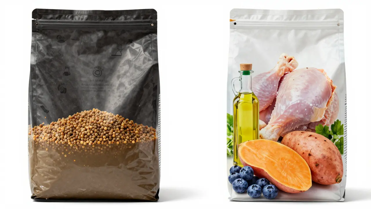 Два корма: слева — с зернами и химией, справа — с мясом и овощами, контраст натурального и искусственного.