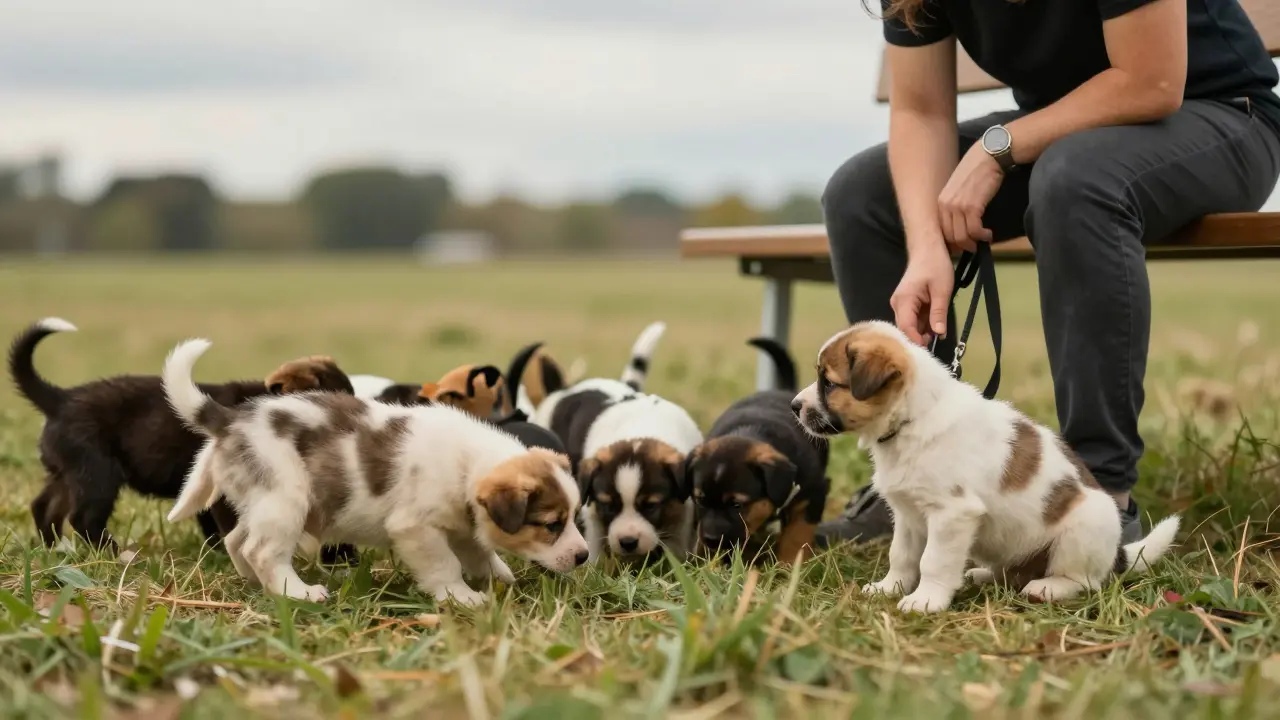 Щенки играют на траве с инструктором, один сидит спокойно, другие исследуют окружение.