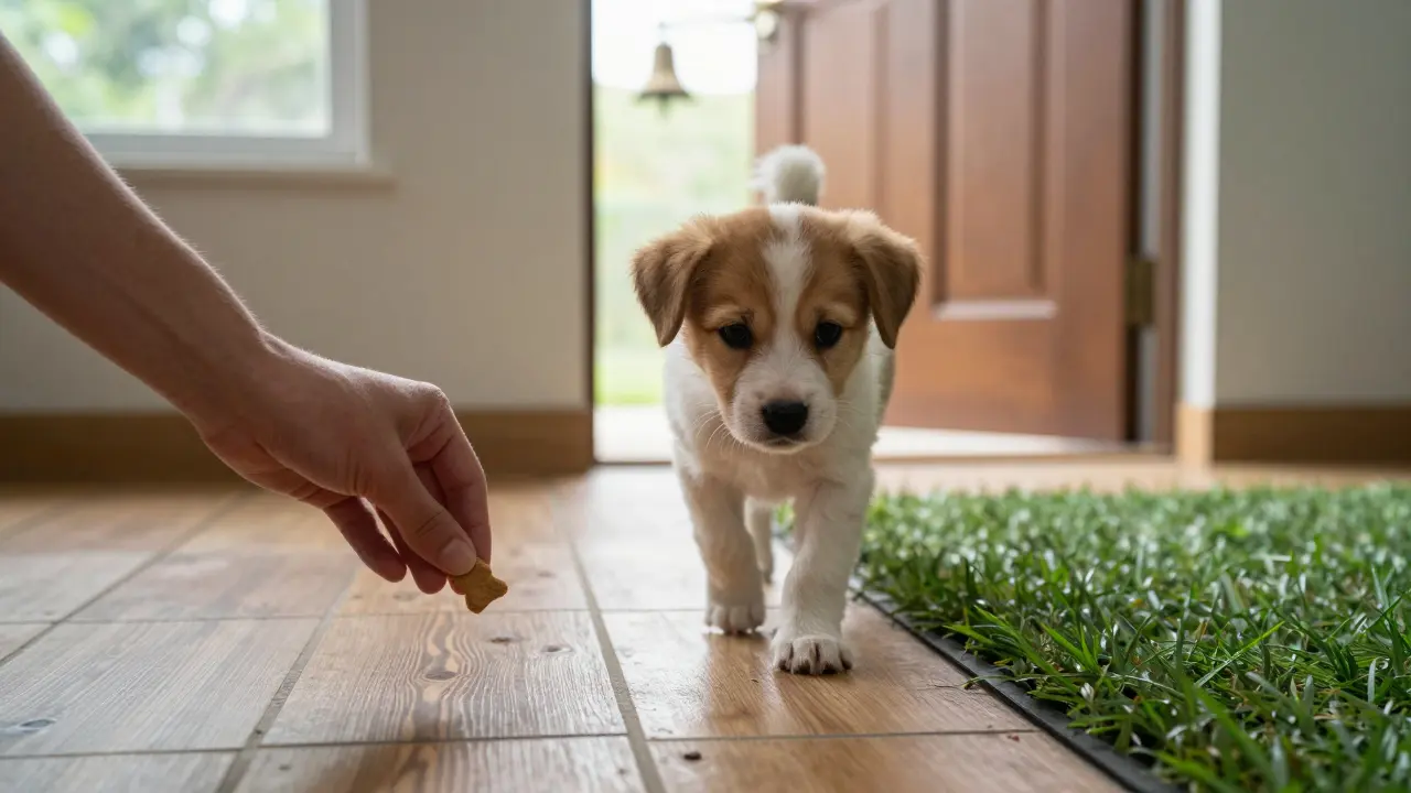Щенок осторожно шагает по разным поверхностям, человек держит лакомство рядом.