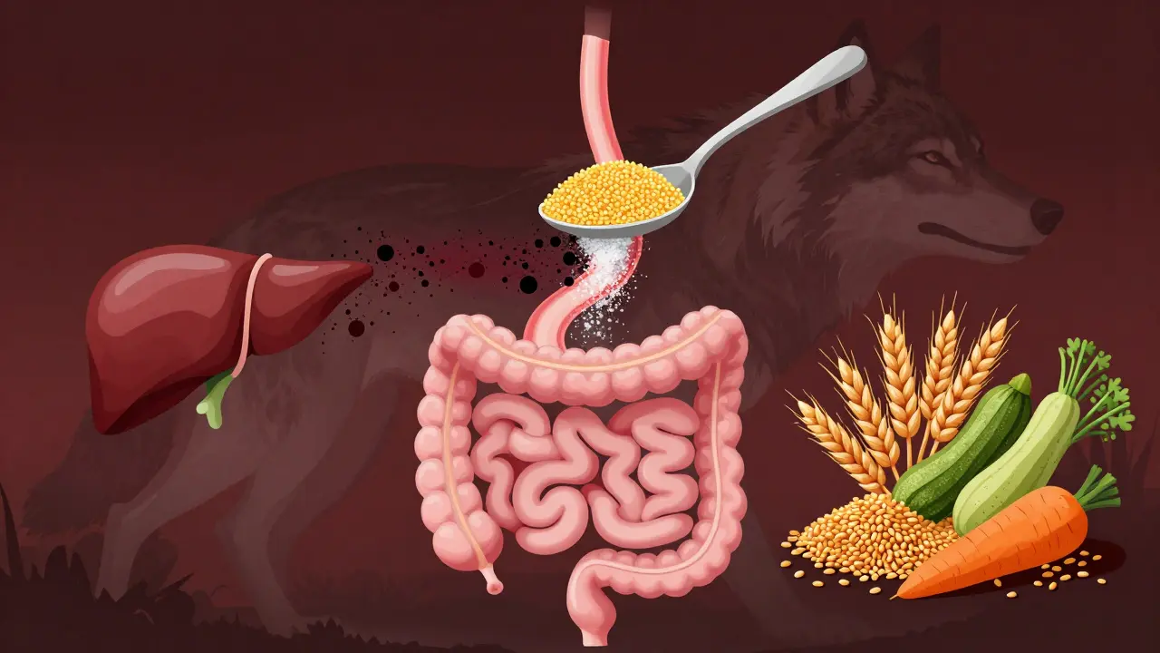 Схема пищеварительной системы собаки с токсинами от опасных зёрен и полезными овощами.