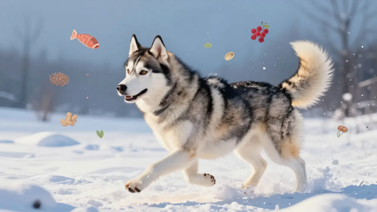Сибирская хаски бежит по снегу в Томске, шерсть сияет, вокруг — символы натуральных ингредиентов.