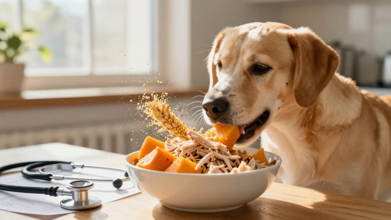 Собака ест тыкву и курицу, а запрещённые крупы разрушаются в воздухе.