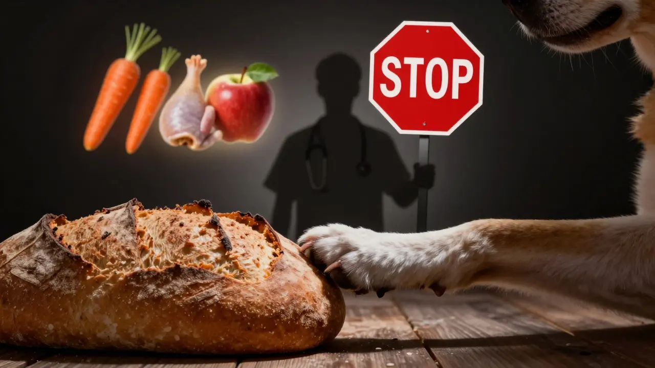 Собака касается хлеба, а за ней — ветеринар с запрещающим знаком, на фоне полезных лакомств.
