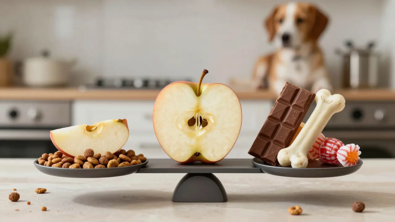 Баланс рациона собаки: яблоко в меру и сухой корм с одной стороны, избыток лакомств — с другой.