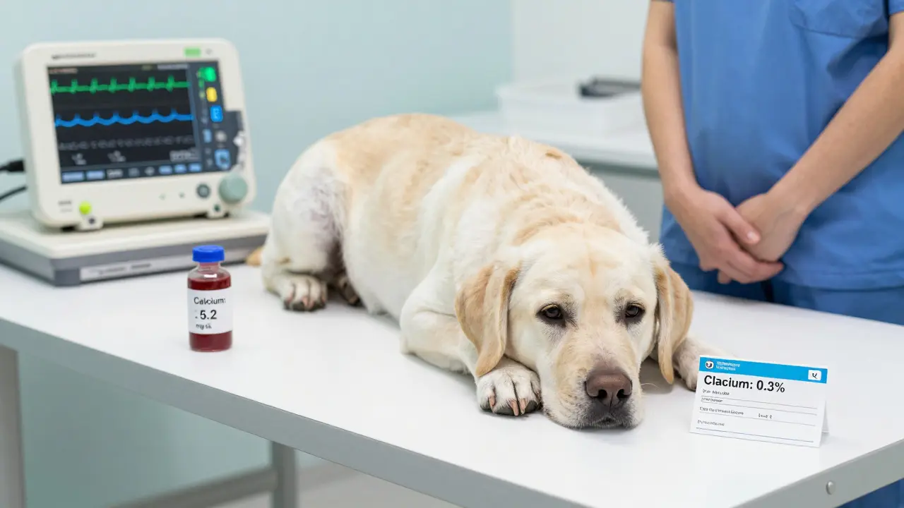 Беременная собака на ветеринарном столе с анализами крови, показывающими низкий уровень кальция.