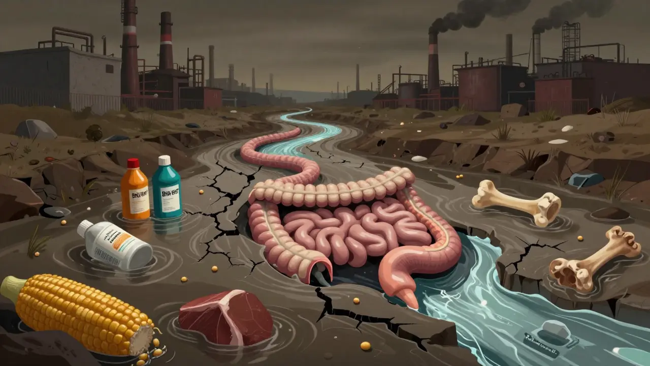Диаграмма пищеварительного тракта собаки как загрязнённой реки, проходящей через завод, с вредными ингредиентами в воде.
