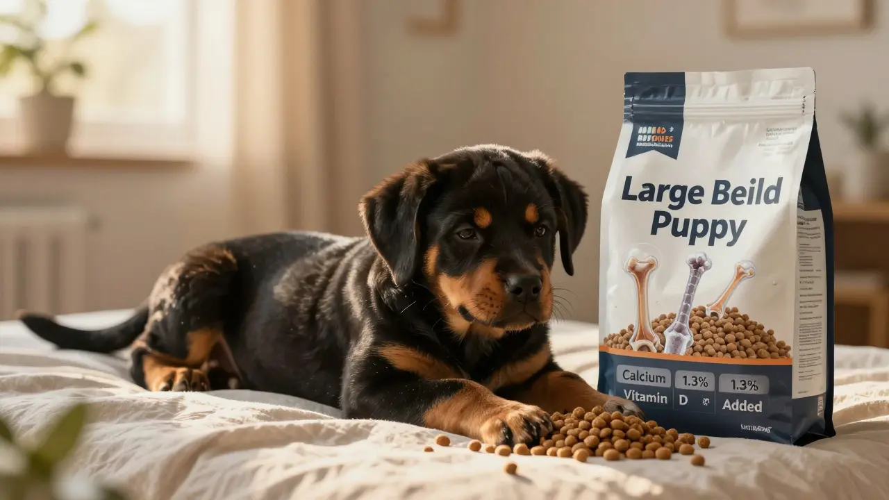 Щенок крупной породы спит на кровати рядом с сбалансированным кормом, помеченным правильным содержанием кальция и витамина D.