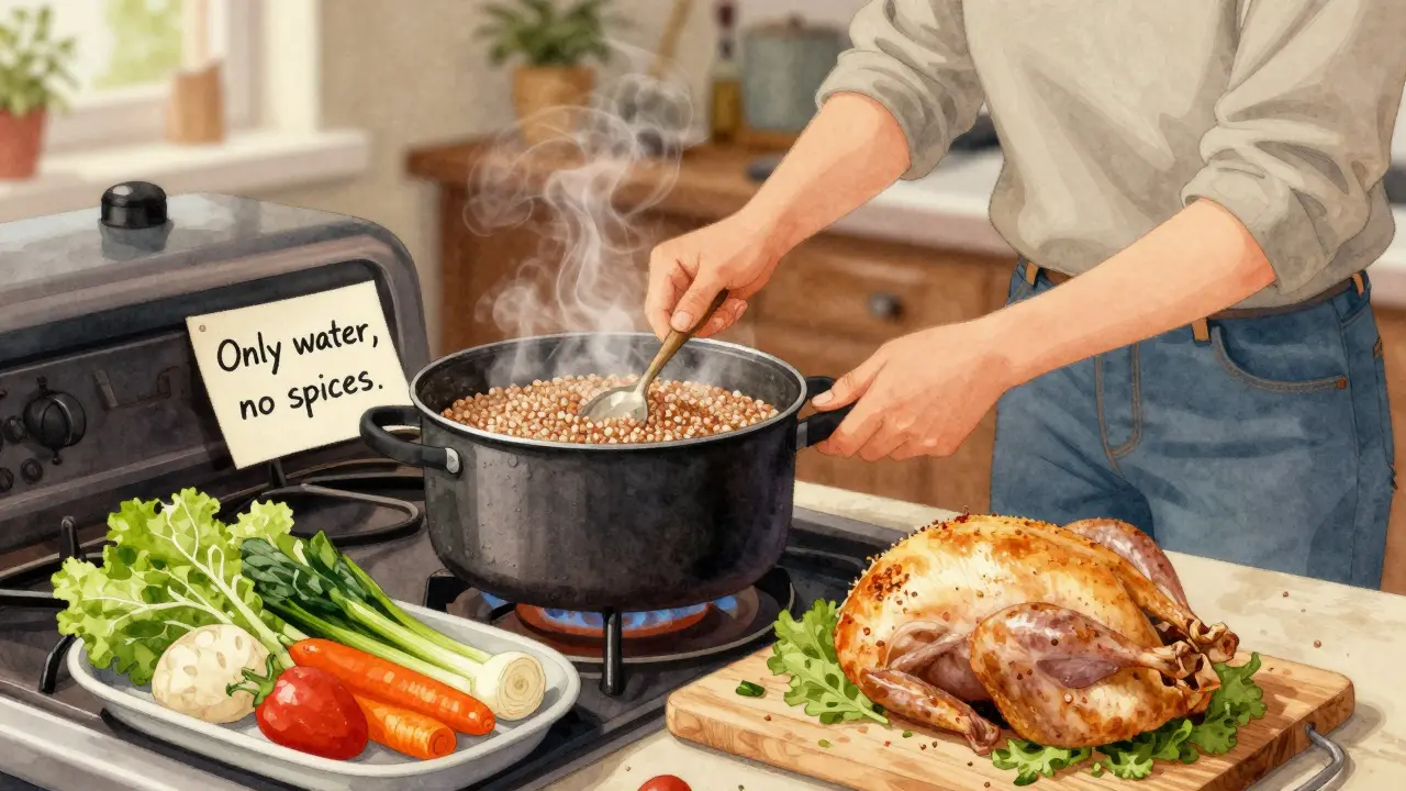 Владелец готовит кашу для собаки на воде с овощами и мясом на кухне.