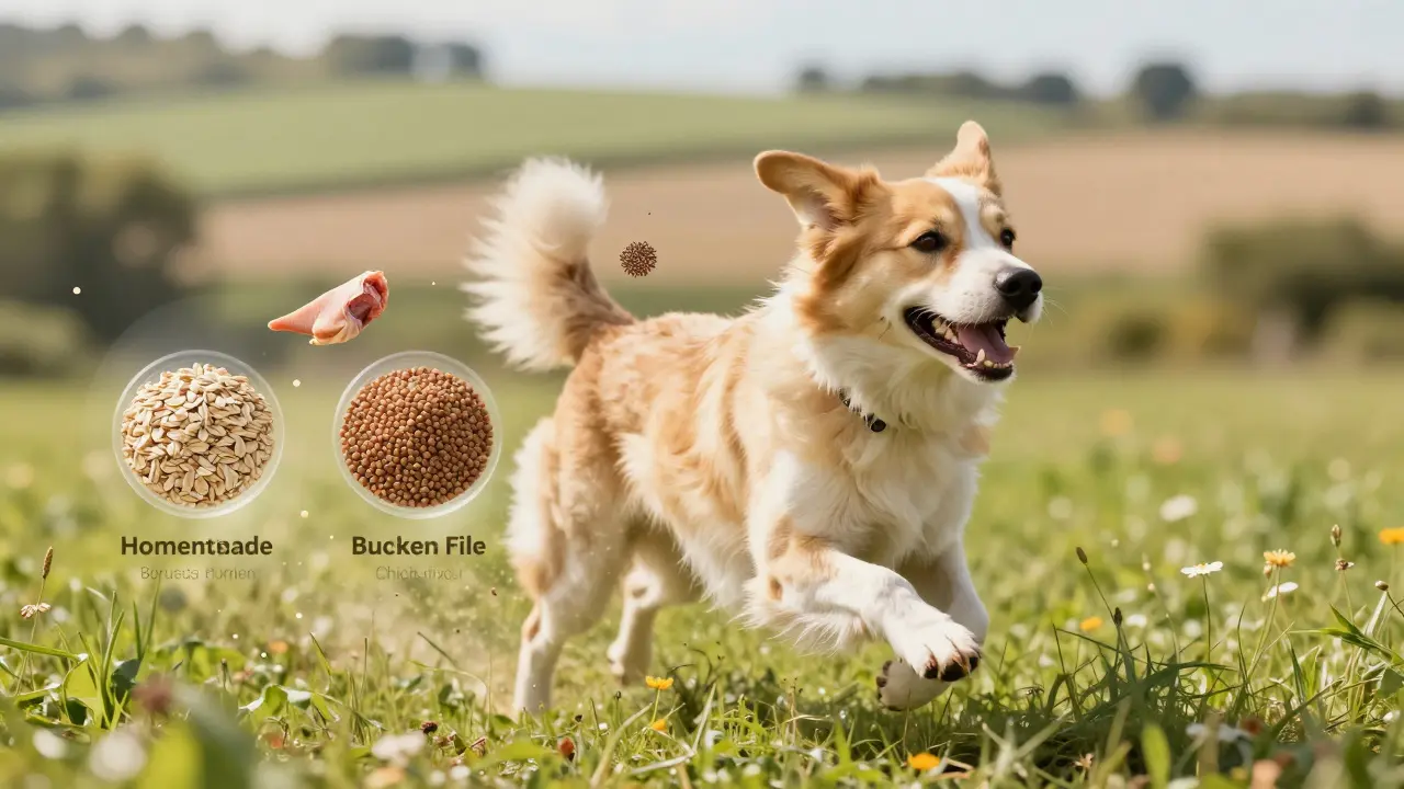 Здоровая собака бежит по лугу, вокруг неё летят изображения полезных ингредиентов.