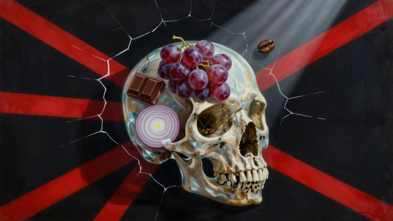 Прозрачная голова собаки, внутри которой плавают ядовитые продукты, символизирующие отравление.