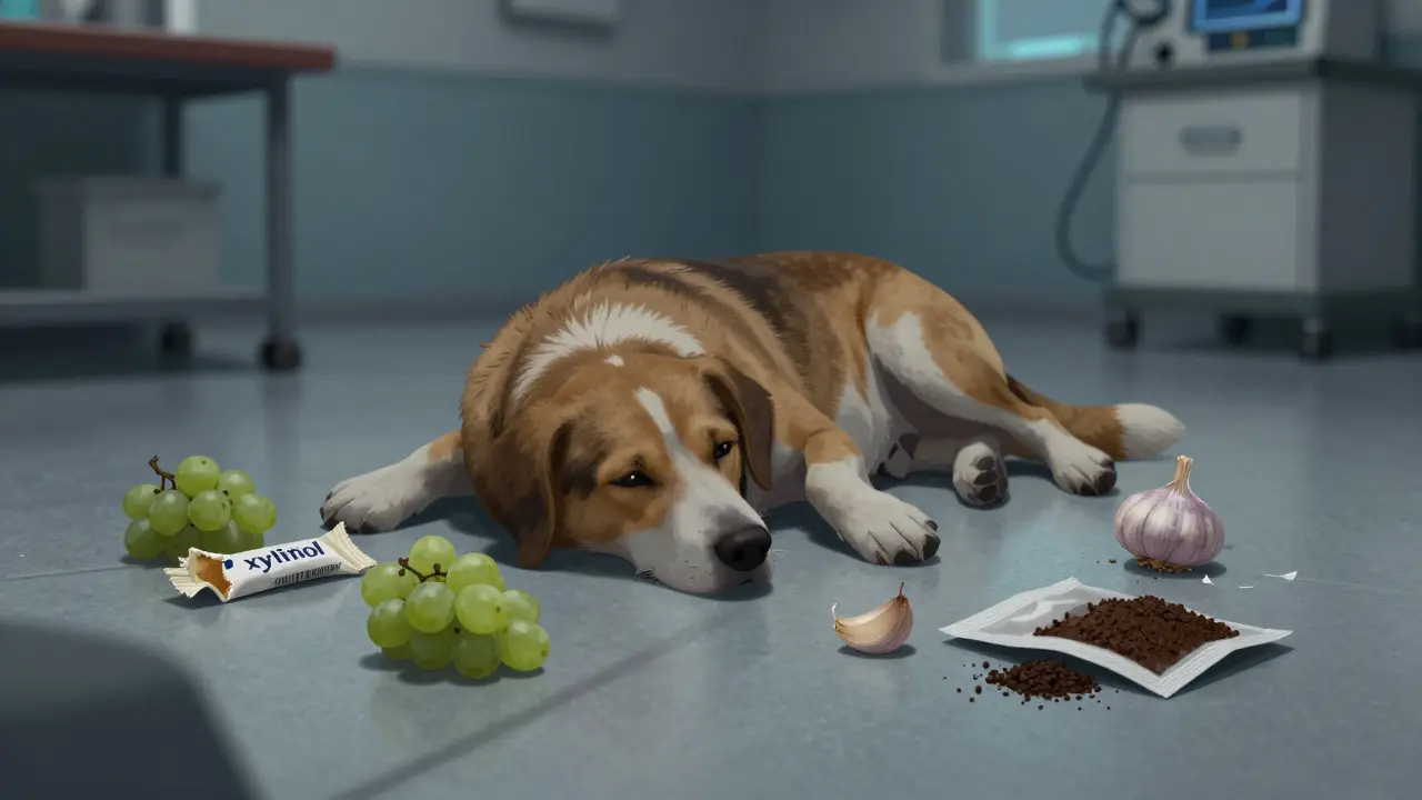 Собака в ветклинике рядом с опасными продуктами: жевательная резинка, виноград, чеснок.
