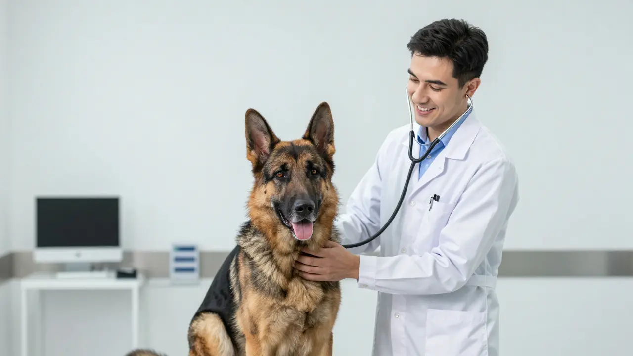 Ветеринар осматривает пса во время планового приема.