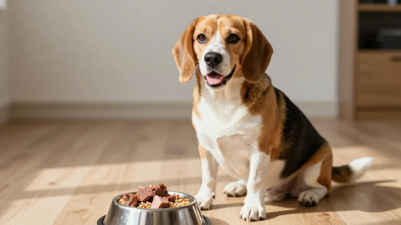 Здоровая собака с глянцевой шерстью перед миской с едой.