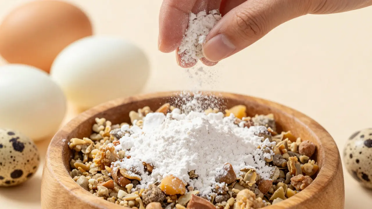 Добавление измельченной яичной скорлупы в миску с кормом для собаки