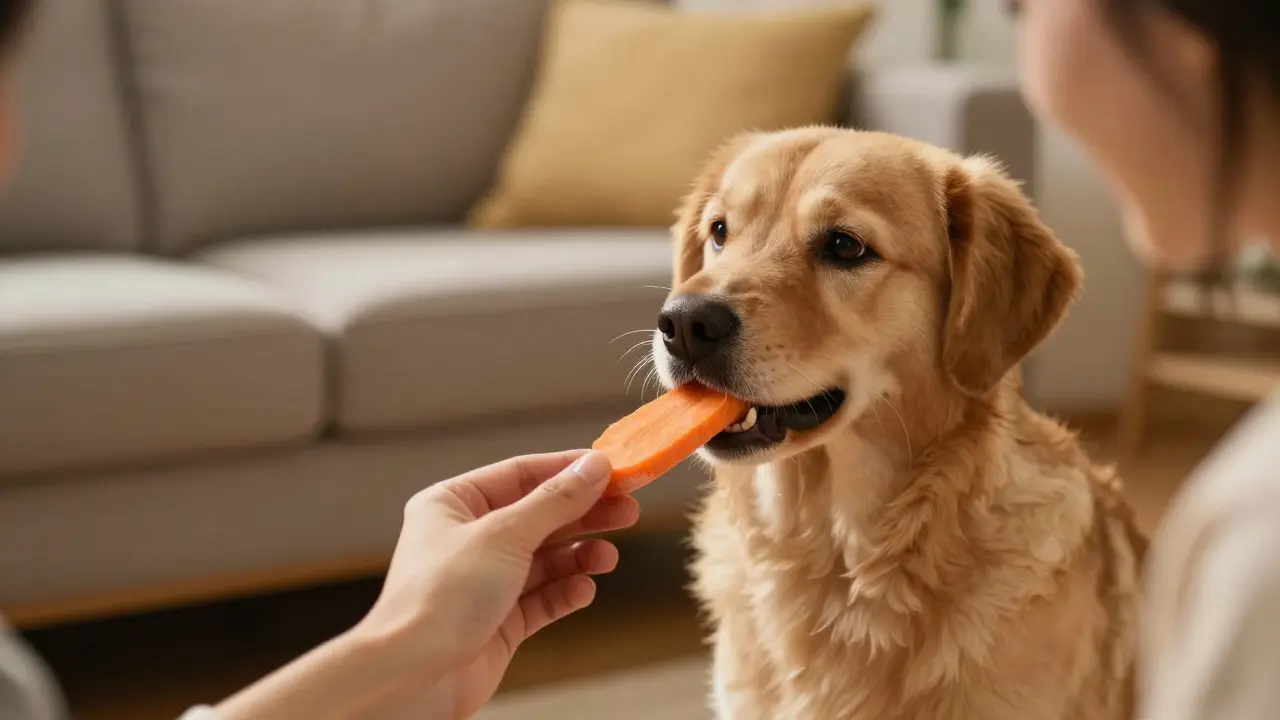 Хозяин дает собаке безопасное лакомство — кусочек моркови