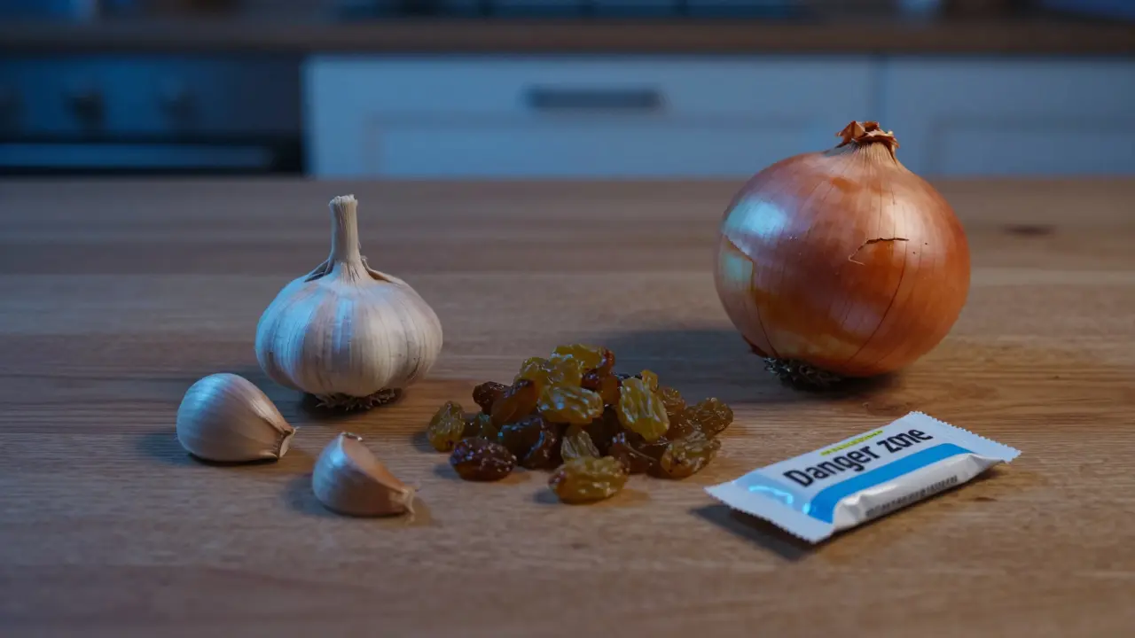 Набор опасных продуктов: лук, чеснок, изюм и жвачка