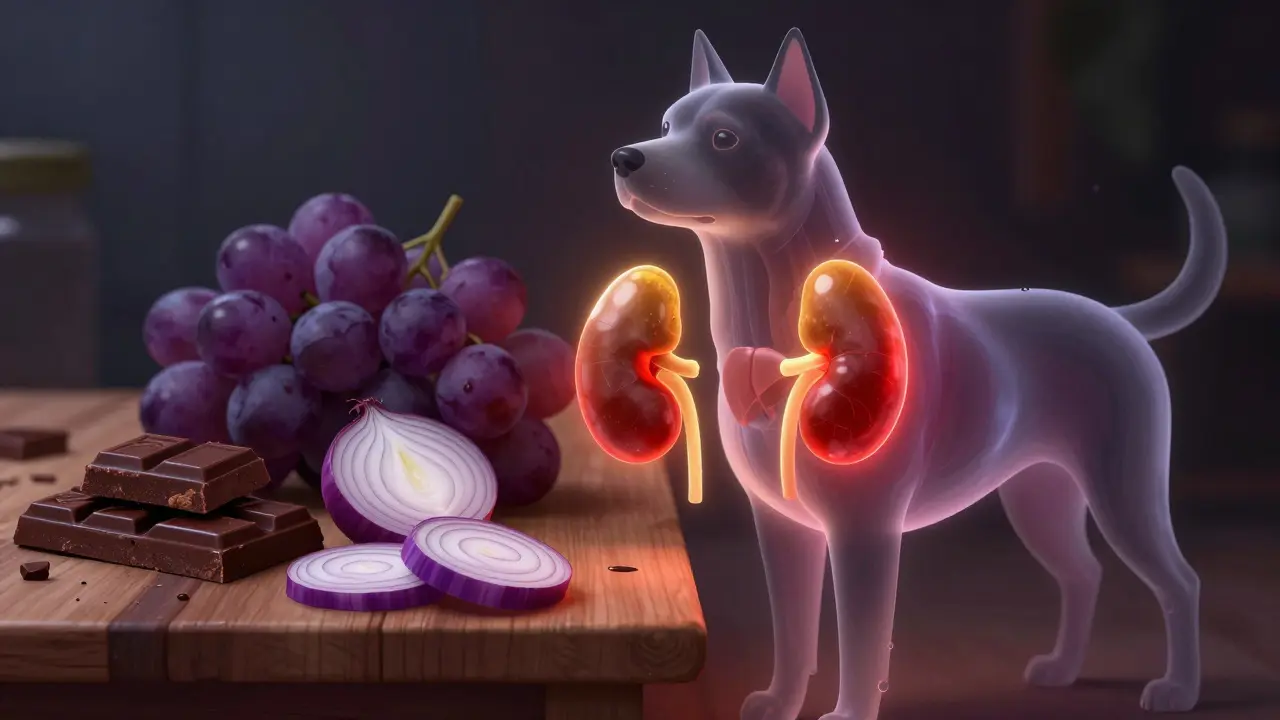 Опасные продукты: шоколад, виноград и лук рядом с силуэтом собаки