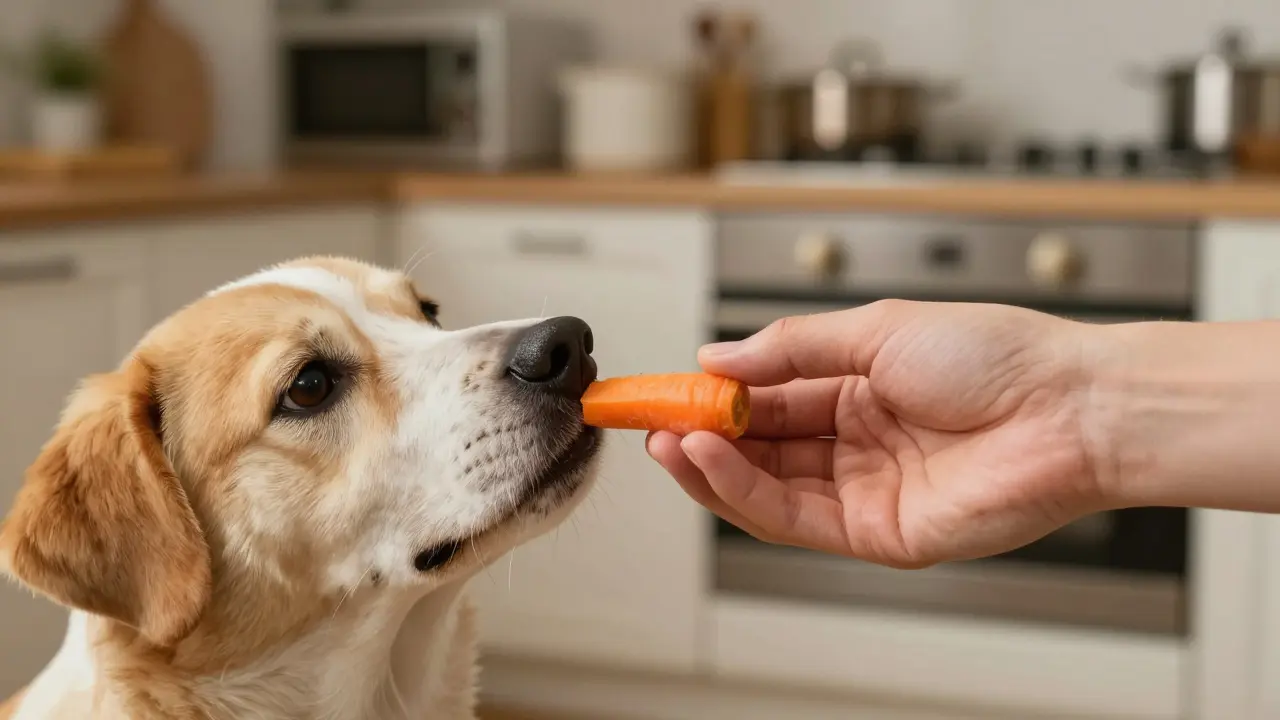 Рука дает собаке маленький кусочек моркови в домашней обстановке