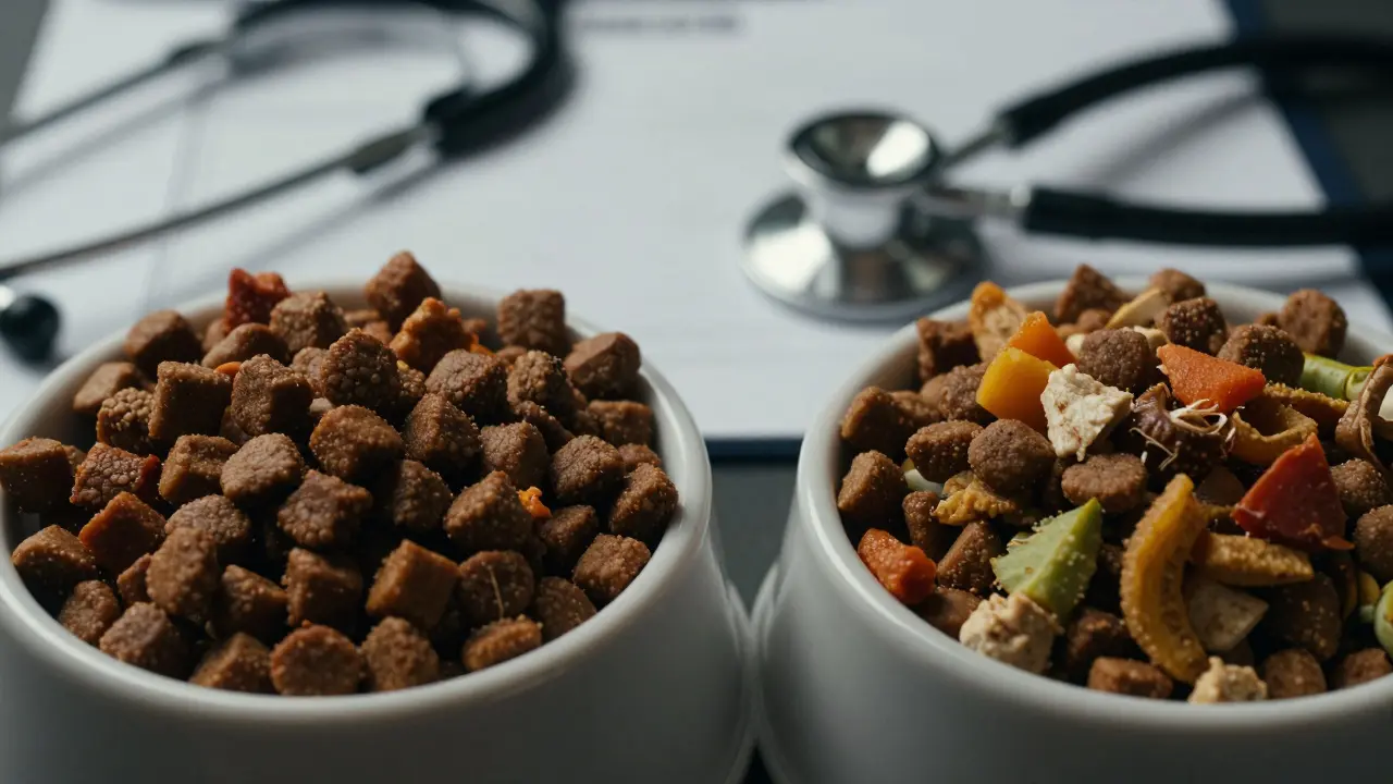 Сравнение двух видов сухого корма для собак рядом со стетоскопом ветеринара