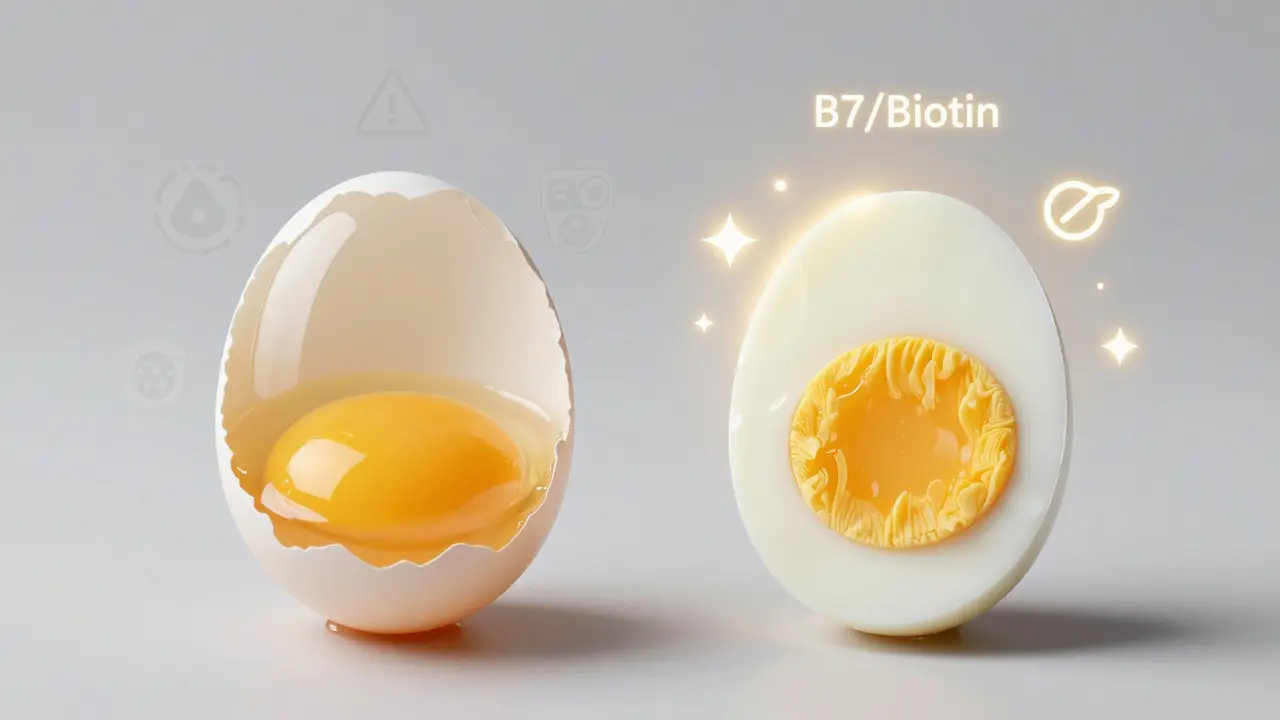 Сравнение сырого и вареного яйца с визуализацией витаминов и рисков