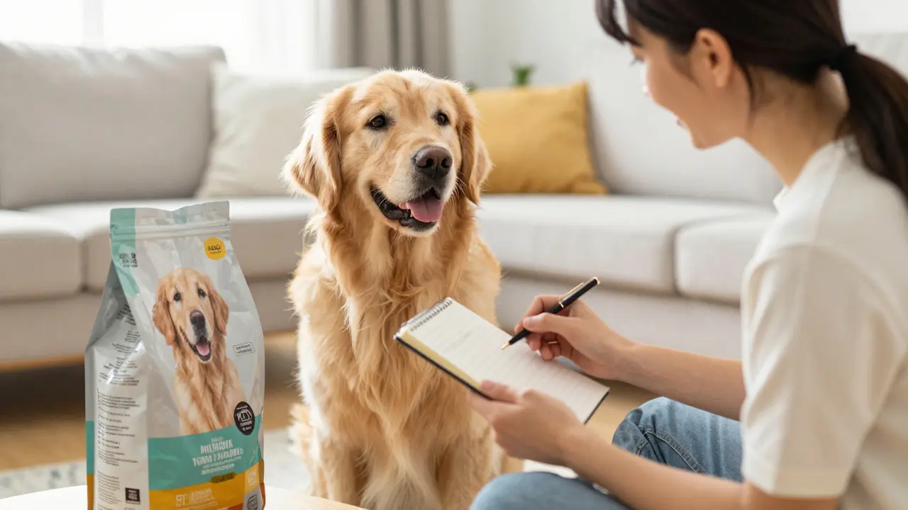 Владелец собаки внимательно изучает состав качественного корма