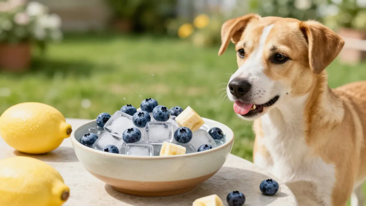 Замороженные кусочки банана и голубики в качестве освежающего лакомства для собаки