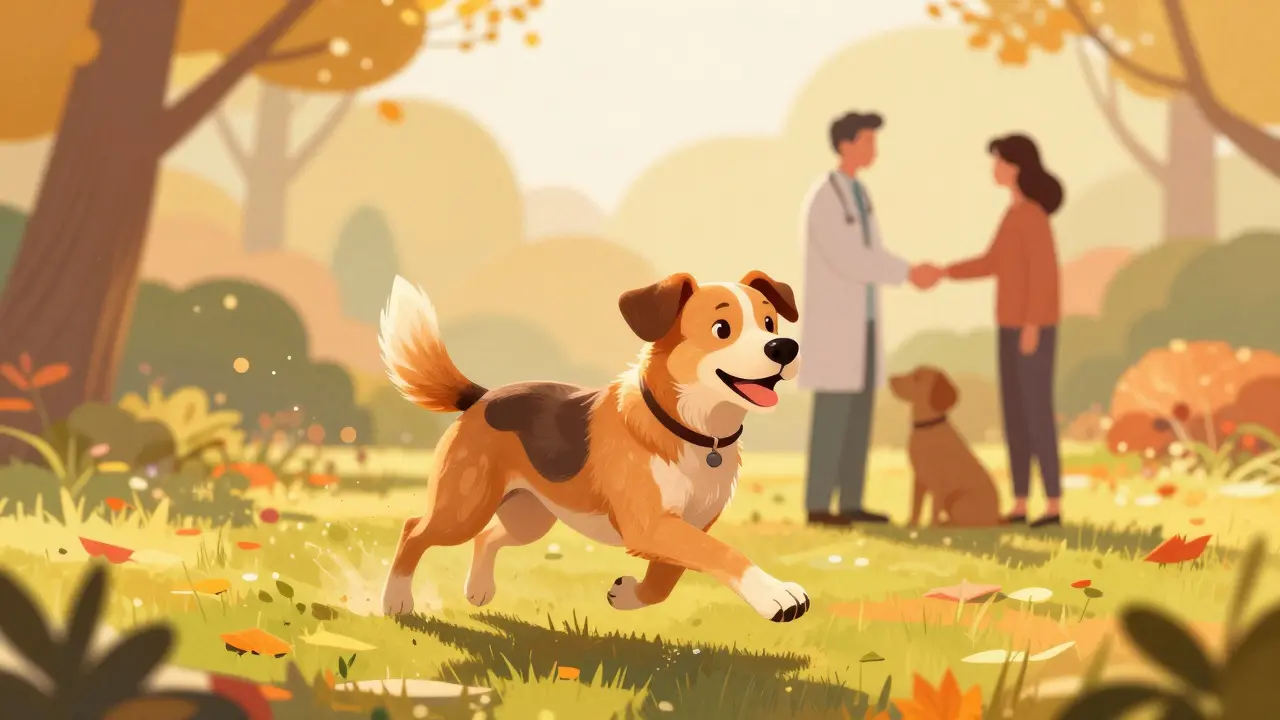 Здоровая и активная собака бежит по осеннему парку после консультации с врачом