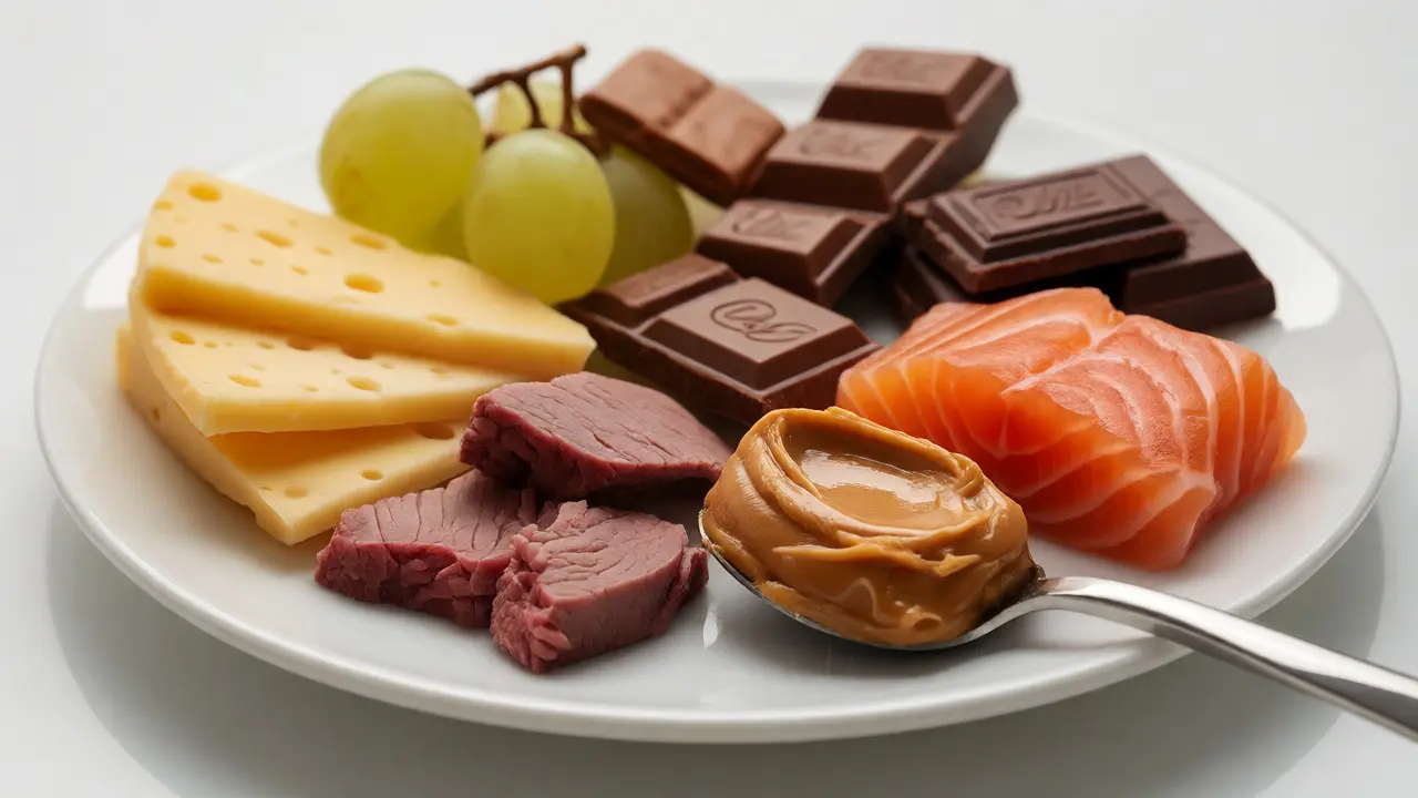 Безопасные лакомства для собак: сыр, мясо и арахисовая паста на тарелке