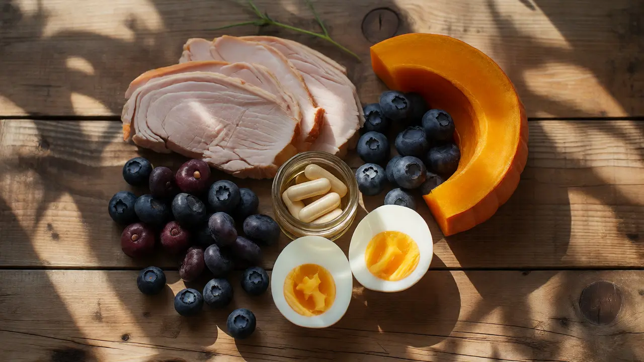Раскладка полезных продуктов для собак на деревянном столе