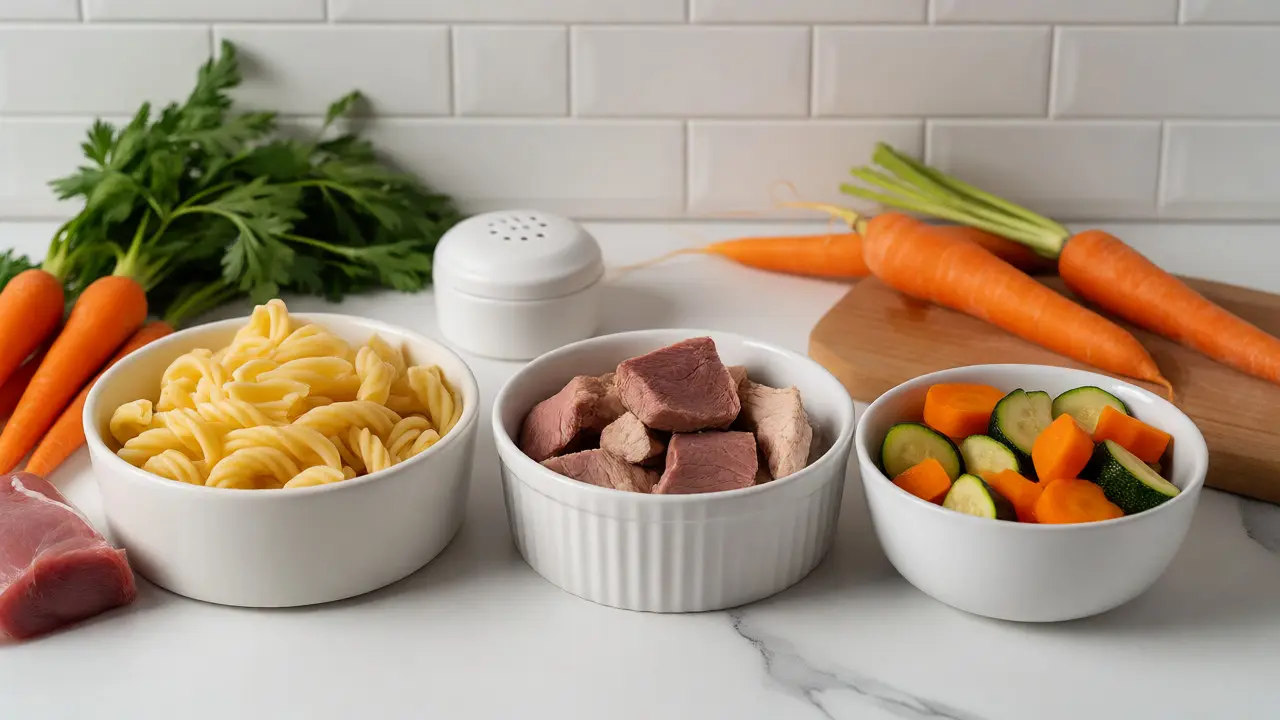 Ингредиенты для здорового питания собаки: макароны, мясо и овощи